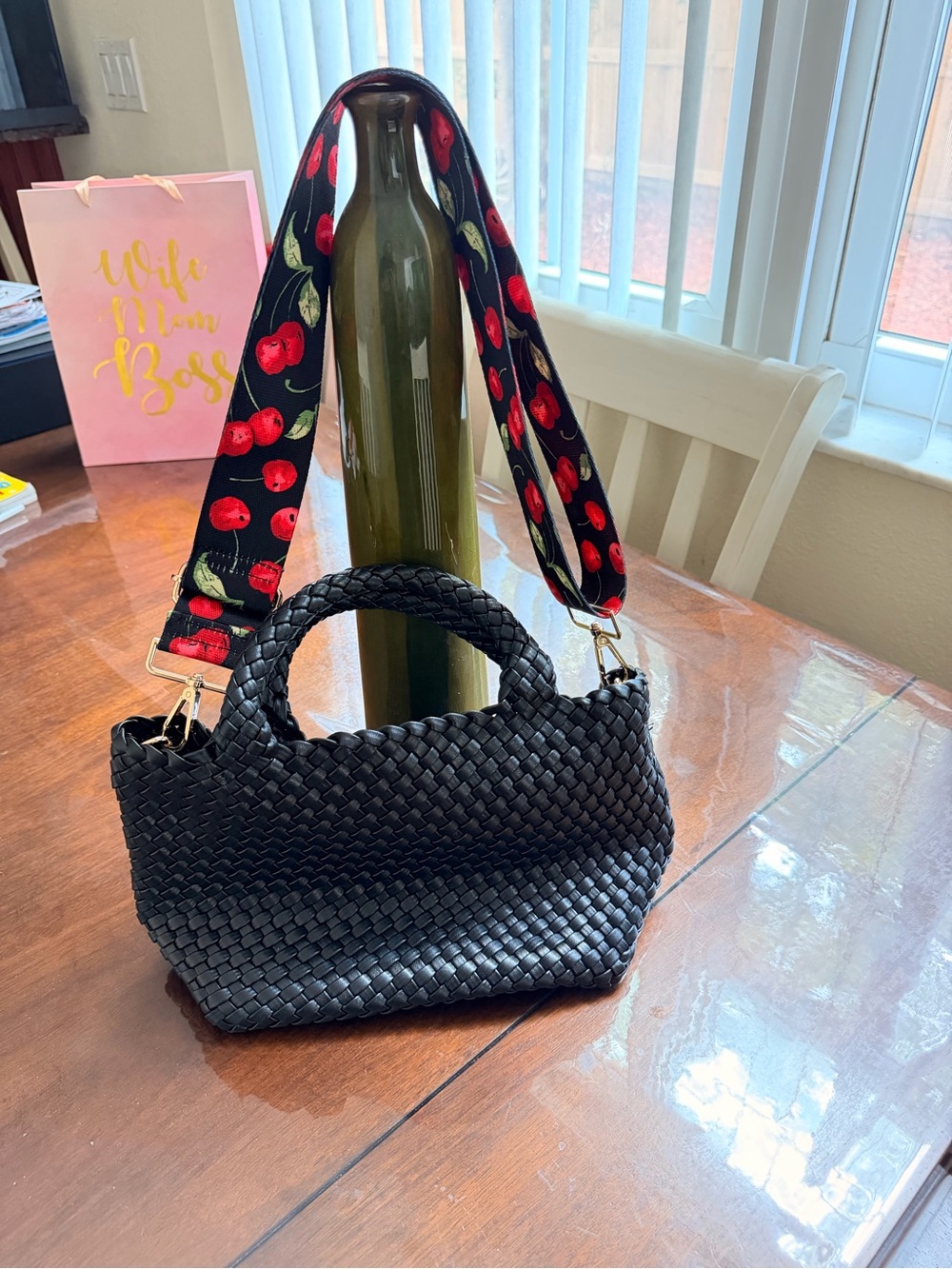 Black Woven Shoulder Bag with Cherry-Print Strap